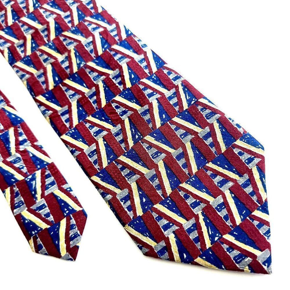 Ferrell Reed Italy Red Blue Geometric Abstract Print Wide Silk Tie